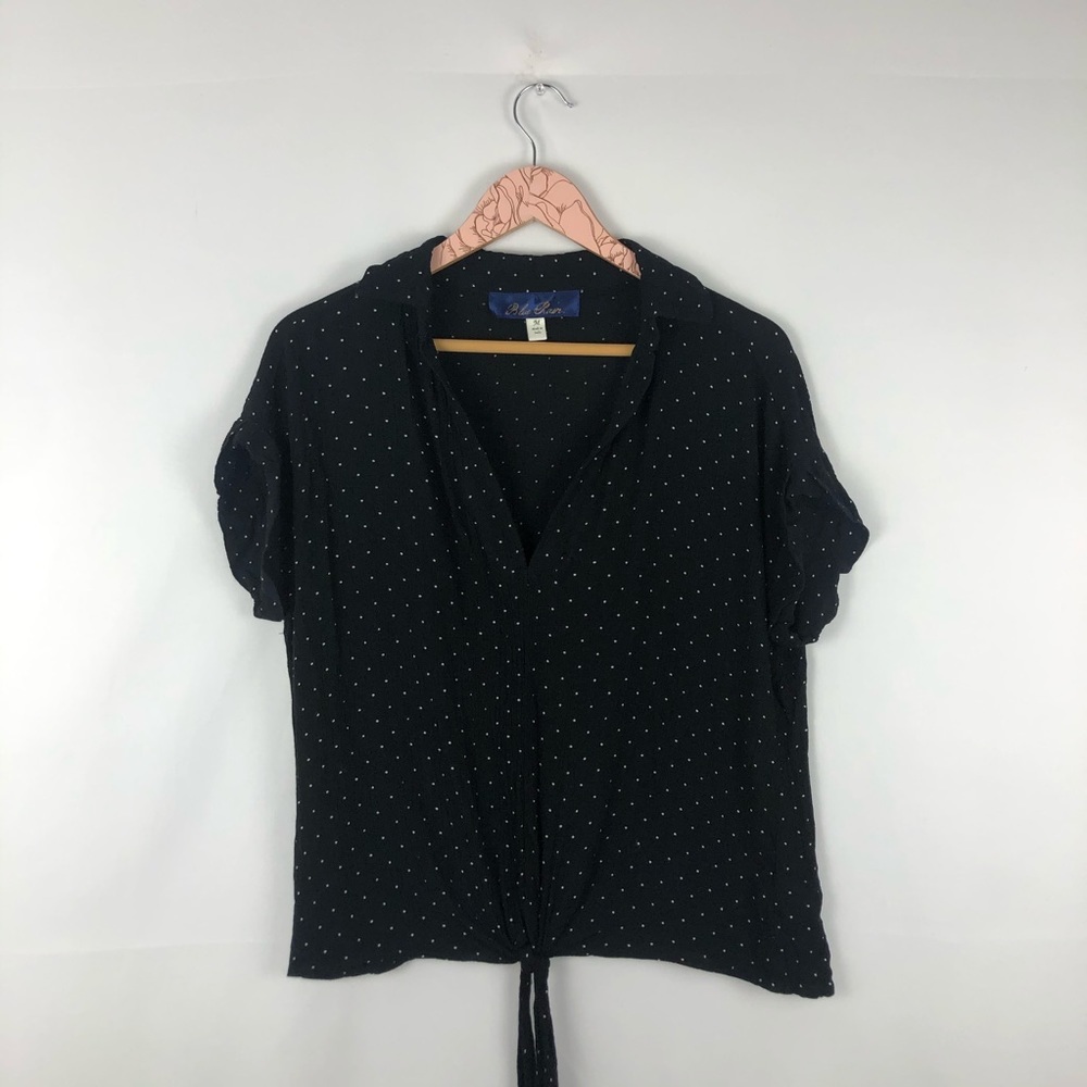 Francesca's Blue Rain Black Polka Dot Blouse Sz M